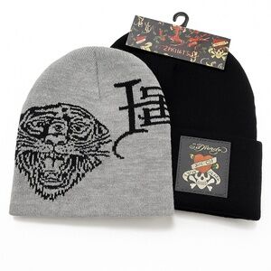 Ed Hardy Beanie Hat Set 2-Pack Knit Skull Heart Black + Tiger Gray Tattoo NWT